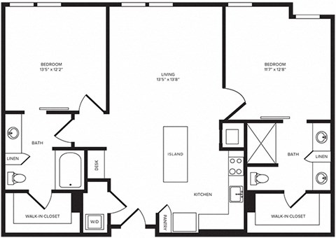 Floor plan for 2 beds, 2 baths, 1174 sqft